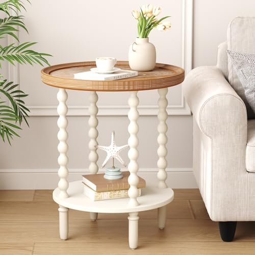 Function Home Round End Table, Farmhouse Side Table with Storage Shelf, 2 Tier Wooden Nightstand, 19